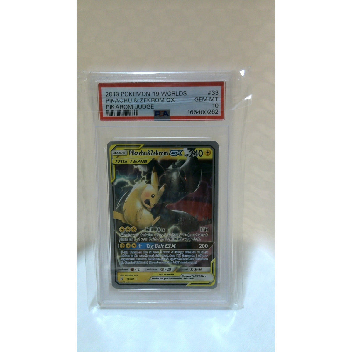Pikachu & Zekrom GX Worlds 2019 #33 PSA 10 slab