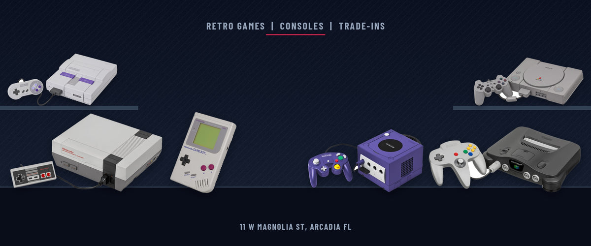 Real photos of NES, SNES, Game Boy, GameCube, Nintendo 64 and PlayStation consoles on dark shelves