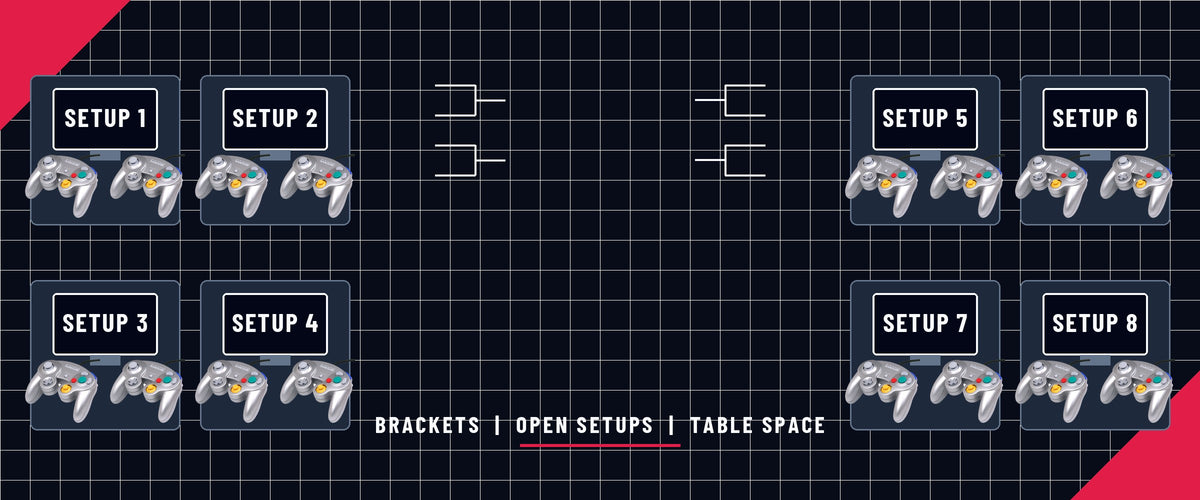 Smash the Vault tournament graphic: eight numbered setups with GameCube controllers and bracket lines